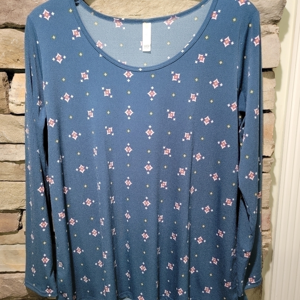 Lularoe top size XL blue long sleeve shirt with pink and yellow designs